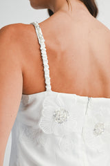 YENI FLOWER APPLIQUE RHINSTONE TRIM MINI DRESS