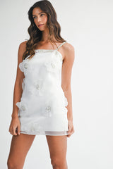 YENI FLOWER APPLIQUE RHINSTONE TRIM MINI DRESS