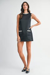 ELLEN SATIN RHINESTONE DETAIL MINI DRESS