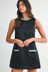 ELLEN SATIN RHINESTONE DETAIL MINI DRESS