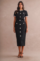 LYLAH RHINESTONE DETAIL TWEED MIDI DRESS