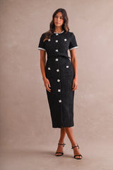 LYLAH RHINESTONE DETAIL TWEED MIDI DRESS