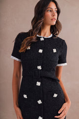 LYLAH RHINESTONE DETAIL TWEED MIDI DRESS
