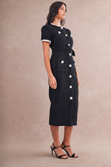 LYLAH RHINESTONE DETAIL TWEED MIDI DRESS