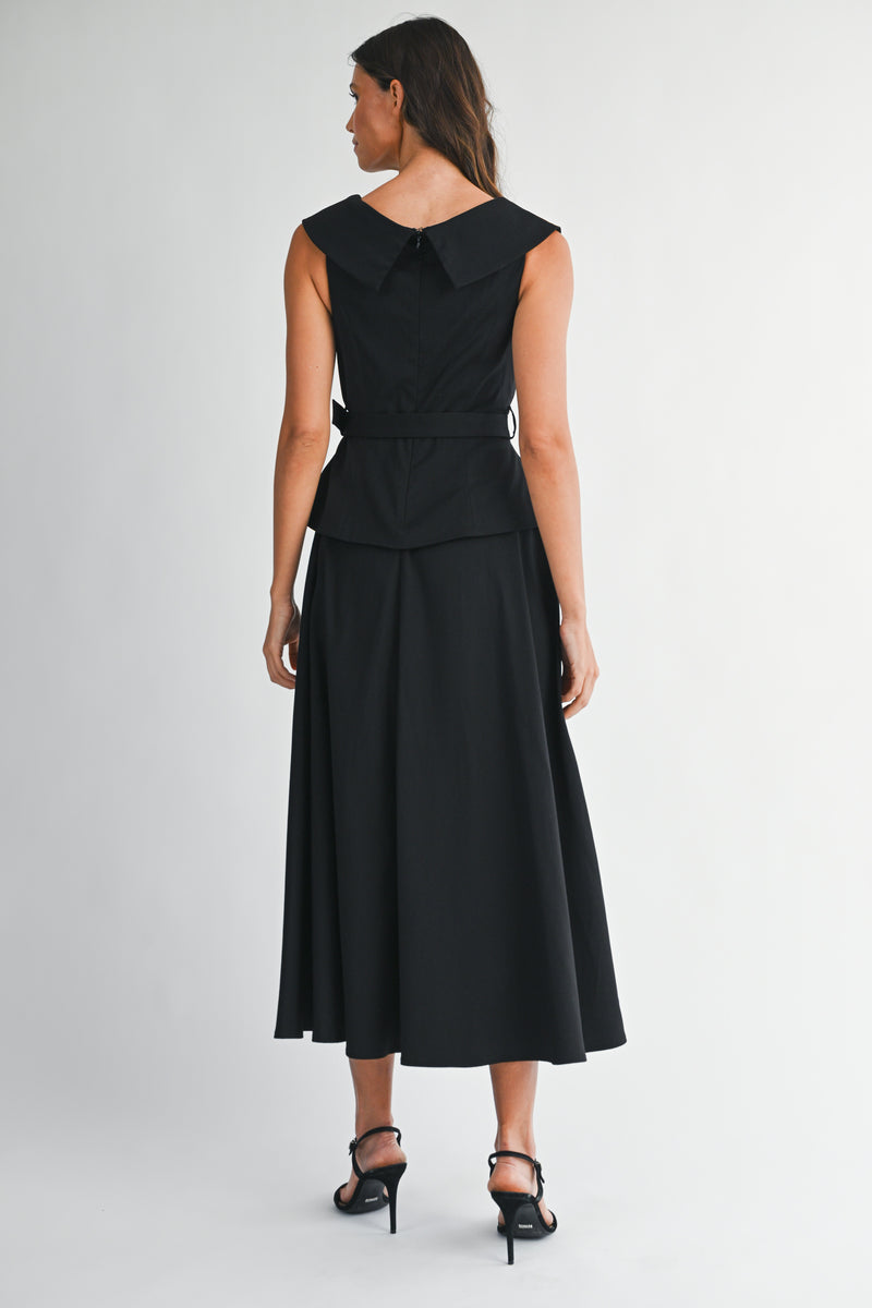 SELAH BOAT NECK DOUBLE BREASTED BODICE MIDI DRESS