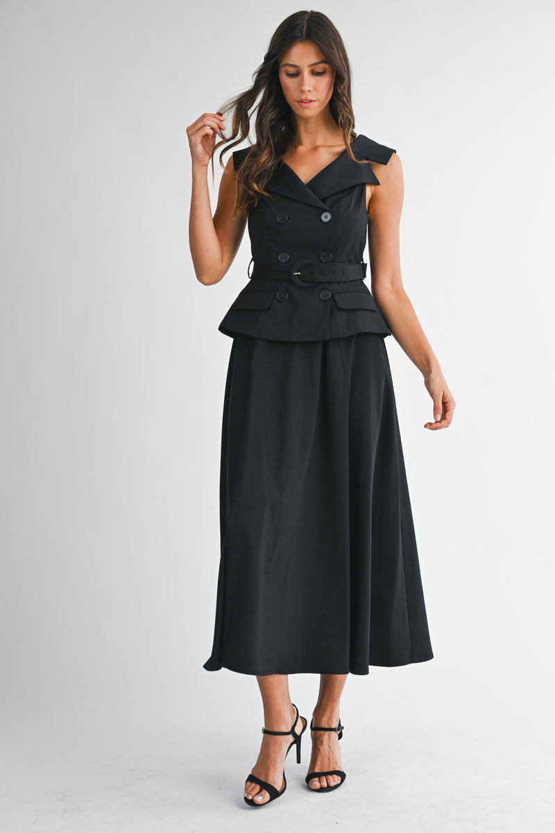 SELAH BOAT NECK DOUBLE BREASTED BODICE MIDI DRESS