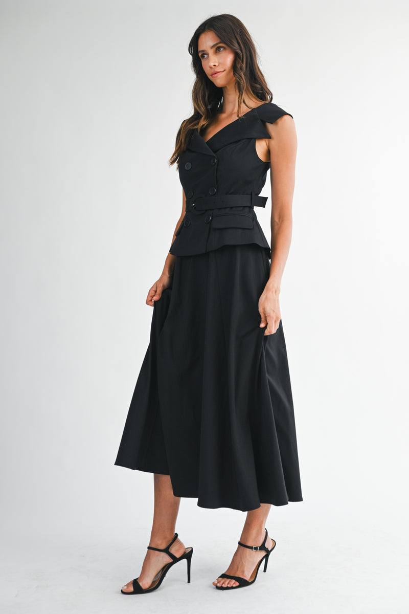 SELAH BOAT NECK DOUBLE BREASTED BODICE MIDI DRESS