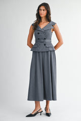 SELAH BOAT NECK DOUBLE BREASTED BODICE MIDI DRESS