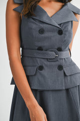 SELAH BOAT NECK DOUBLE BREASTED BODICE MIDI DRESS