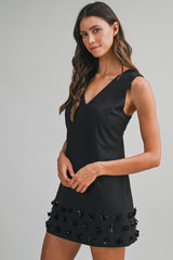 MAELYS FLOWER TRIM HEM V NECK MINI DRESS