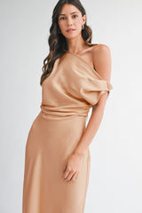 LYSANDRA SATIN OFF SHOULDER DRESS