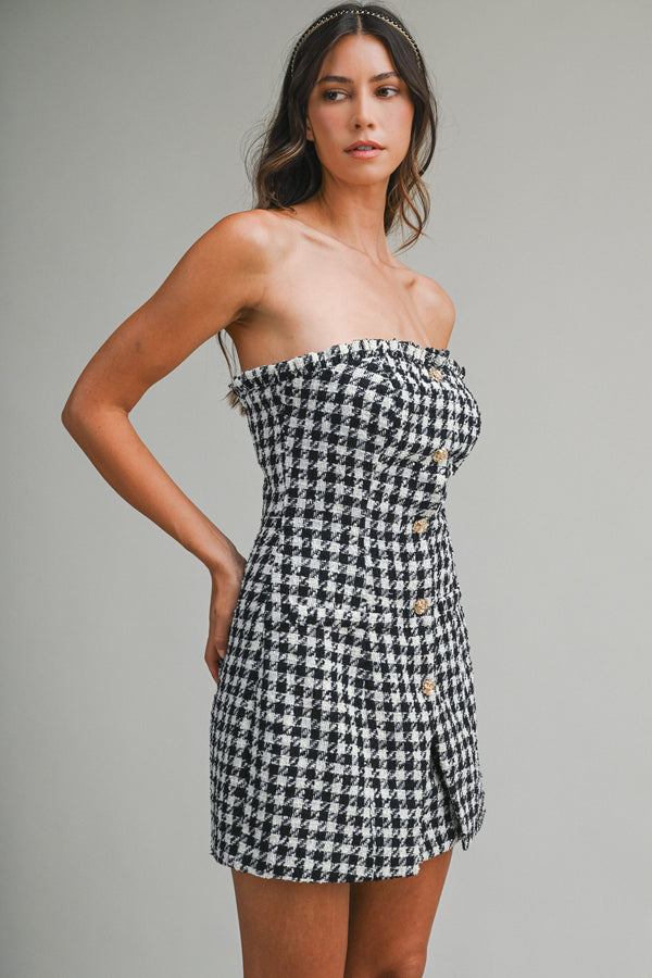 JREAM GINGHAM TWEED TUBE MINI DRESS