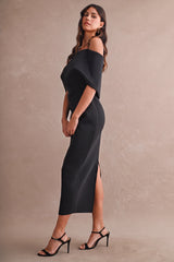 KAITLYN SCUBA OFF SHOULDER STRAP MIDI DRESS