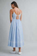 GLORIANA LINEN EMBROIDERED BACK TIE MIDI DRESS