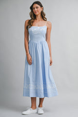 GLORIANA LINEN EMBROIDERED BACK TIE MIDI DRESS