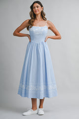 GLORIANA LINEN EMBROIDERED BACK TIE MIDI DRESS