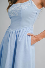 GLORIANA LINEN EMBROIDERED BACK TIE MIDI DRESS