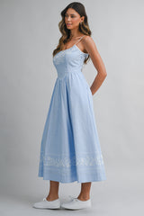 GLORIANA LINEN EMBROIDERED BACK TIE MIDI DRESS