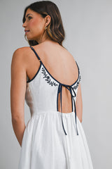 GLORIANA LINEN EMBROIDERED BACK TIE MIDI DRESS