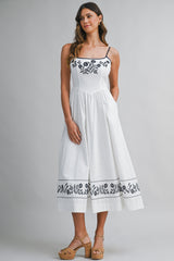 GLORIANA LINEN EMBROIDERED BACK TIE MIDI DRESS