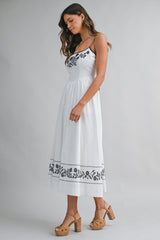 GLORIANA LINEN EMBROIDERED BACK TIE MIDI DRESS