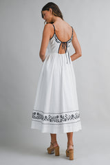 GLORIANA LINEN EMBROIDERED BACK TIE MIDI DRESS