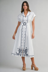 EMERSON EMBROIDERED SHIRT DRESS WITH BELT DETAIL