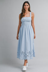 CLAIRISSA LINEN BORDER EYELET MIDI DRESS