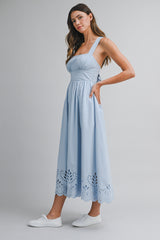 CLAIRISSA LINEN BORDER EYELET MIDI DRESS