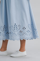 CLAIRISSA LINEN BORDER EYELET MIDI DRESS