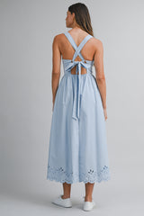 CLAIRISSA LINEN BORDER EYELET MIDI DRESS