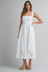 CLAIRISSA LINEN BORDER EYELET MIDI DRESS