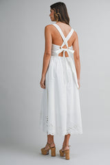CLAIRISSA LINEN BORDER EYELET MIDI DRESS