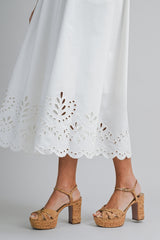 CLAIRISSA LINEN BORDER EYELET MIDI DRESS