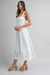 CLAIRISSA LINEN BORDER EYELET MIDI DRESS