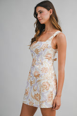 NYRA LINEN PRINTED BACK BOW MINI DRESS