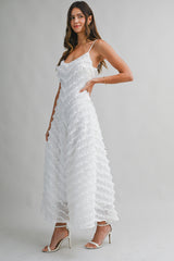 MERRICK RUFFLE DETAIL FIT AND FLARE MIDI DRESS