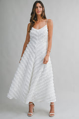 MERRICK RUFFLE DETAIL FIT AND FLARE MIDI DRESS