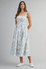 KYLEIGH FLORAL PRINTED EMBROIDERED BAND MIDI DRESS