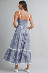 EAMON FLORAL PRINTED RIC RAC TRIM MAXI DRESS