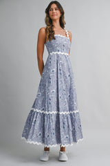 EAMON FLORAL PRINTED RIC RAC TRIM MAXI DRESS