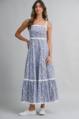 EAMON FLORAL PRINTED RIC RAC TRIM MAXI DRESS