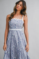 EAMON FLORAL PRINTED RIC RAC TRIM MAXI DRESS