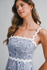 EAMON FLORAL PRINTED RIC RAC TRIM MAXI DRESS