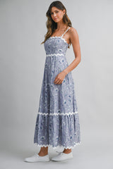 EAMON FLORAL PRINTED RIC RAC TRIM MAXI DRESS