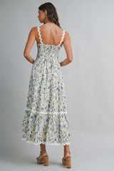 EAMON FLORAL PRINTED RIC RAC TRIM MAXI DRESS