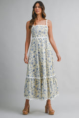 EAMON FLORAL PRINTED RIC RAC TRIM MAXI DRESS