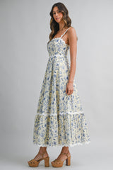 EAMON FLORAL PRINTED RIC RAC TRIM MAXI DRESS