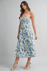 SAWYER FLORAL PRINTED STRAPLESS MIDI DRESS