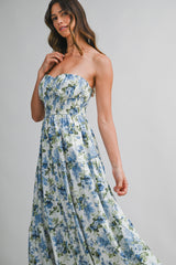 SAWYER FLORAL PRINTED STRAPLESS MIDI DRESS